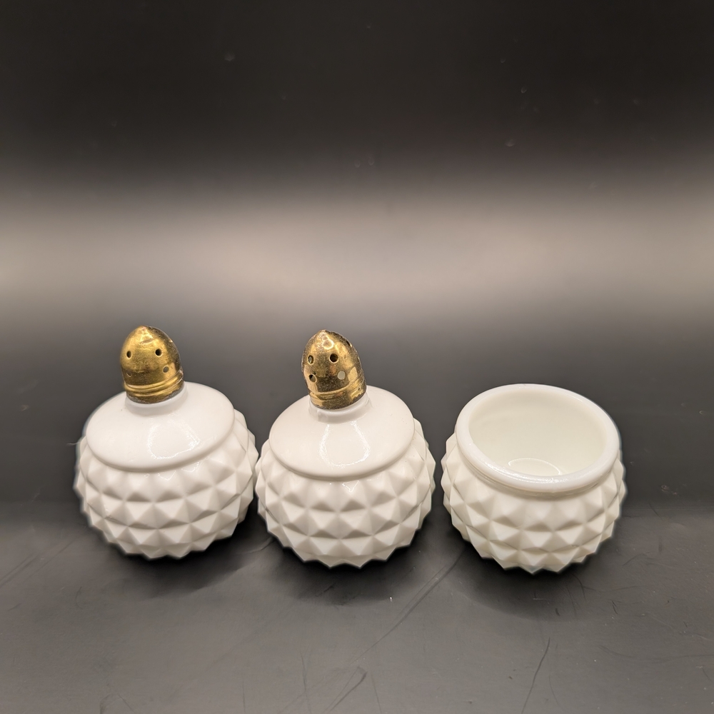Vintage Milk Glass Diamond Point Small Salt & Pepper Shakers, & Open Cellar